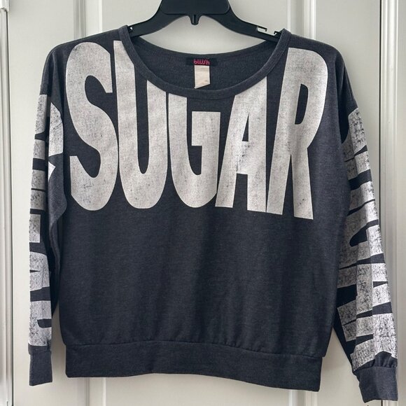Blush Charcoal Gray Pullover Sweatshirt W/ "Sugar" Print Across Front & Sleeves - Picture 1 of 5
